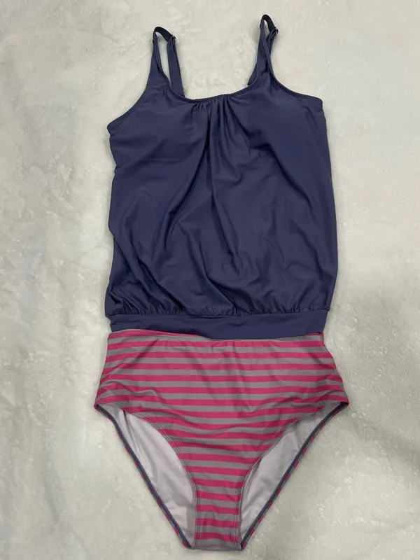 Women’s Two-Piece Purple and Striped Tankini Swimsuit Size L - Image 3