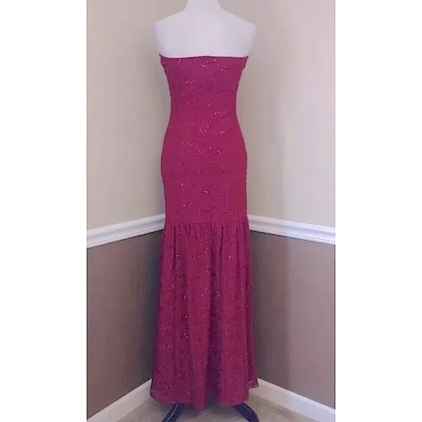 Strapless Burgundy Lace Maxi Dress with Sequins Mermaid Formal Party Holiday - Image 5