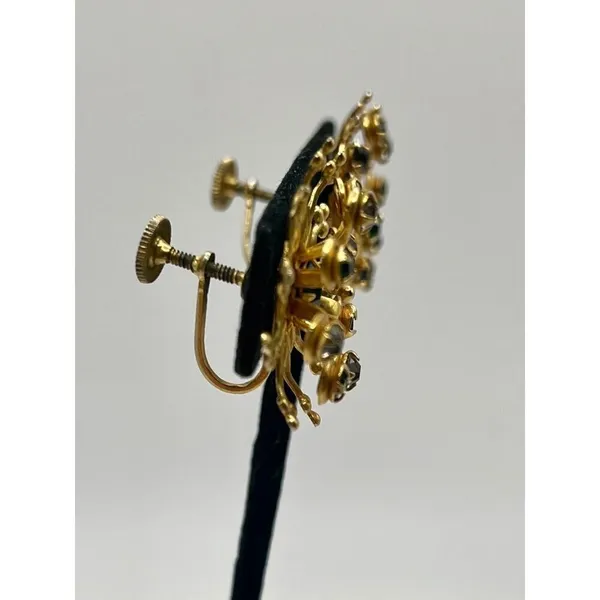 Vintage Gold Tone Cluster Starburst Statement Earrings Green‎ Stones Twist Backs - Image 4
