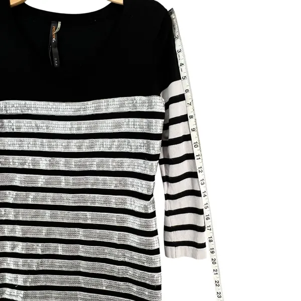 Renee C Sequin Sweater Dress Womens M‎ White Black Stripe Silver Party Holiday - Image 10