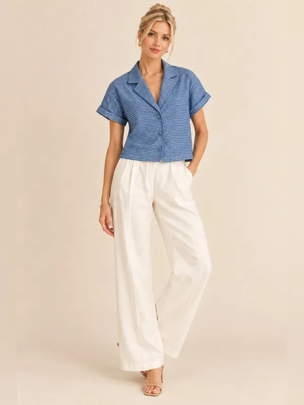 SABO SKIRT Oversized Blue & White Striped Button-Down Short Cuff Sleeve Blouse - Image 7