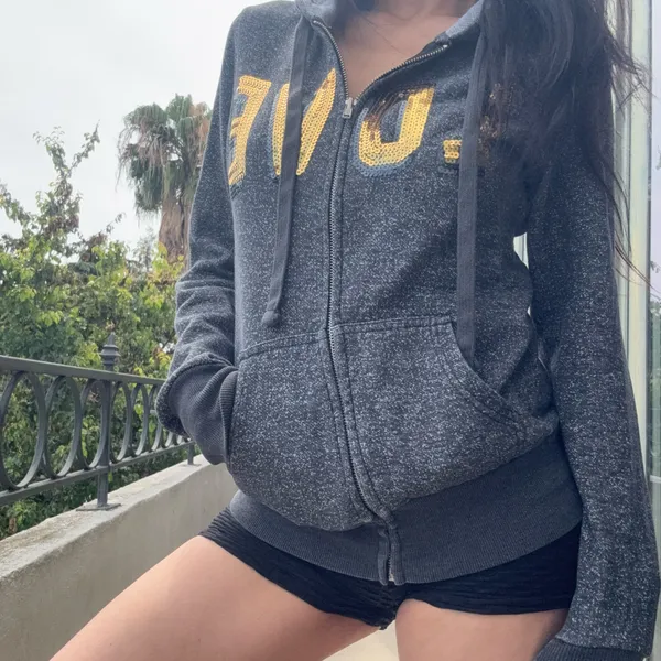 Women’s Charcoal Zip-Up Hoodie with Gold Sequin “LOVE” Graphic – Casual Glam Sweatshirt (S) - Image 2
