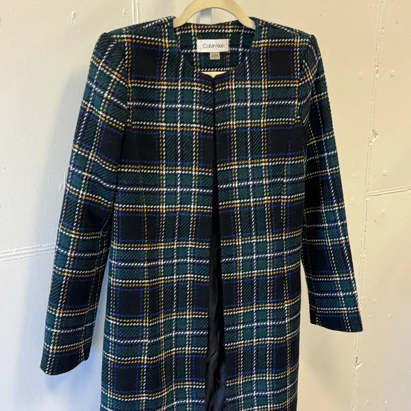 Calvin Klein Women's Wool Blend Plaid Collarless Car Coat Jacket Sz 2 Teal Navy‎ - Image 5