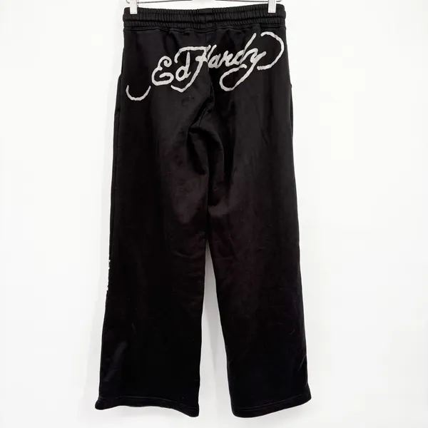 Ed Hardy Womens Black Retro Eagle Heart Tattoo Graphic Y2K Wide Leg Sweatpants S - Image 7