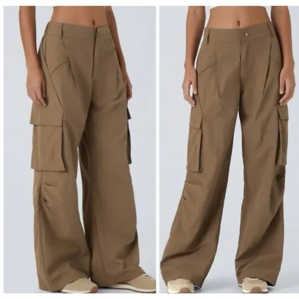 Halara Mid Rise Button Zipper Side Pocket Wide Leg Cargo Size Small Brown NWT - Image 4