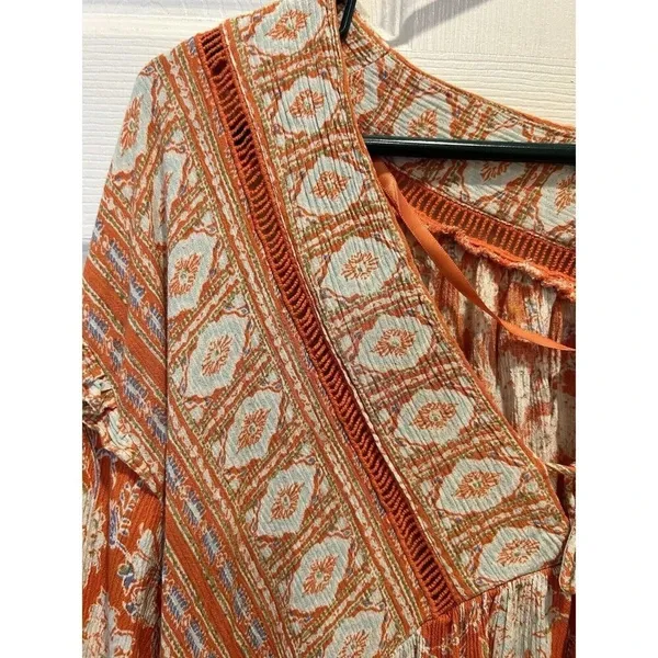 Free People Moonlight Dance Orange Floral Boho Tunic V-Neck Bell Sleeve Size M - Image 5