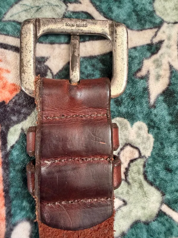 Vintage Chunky Brown Genuine Leather Belt with Solid Brass Buckle Silver Size 34 - Image 8