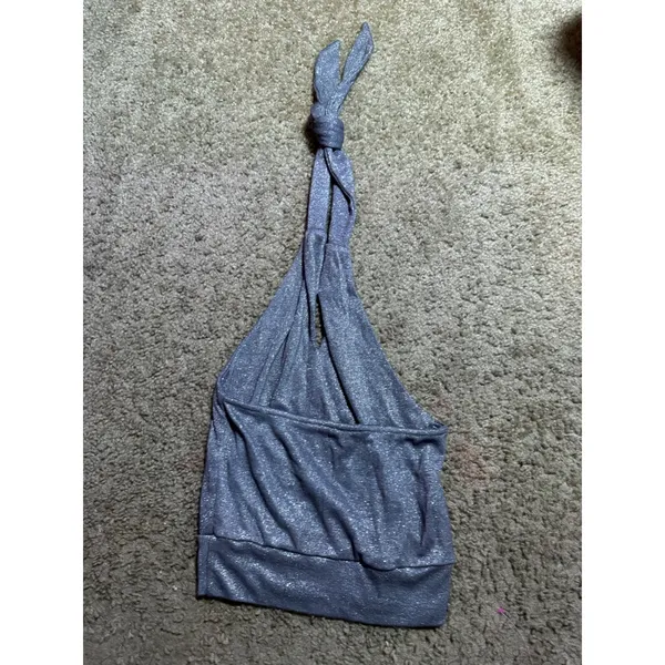 Metallic Silver Halter Neck Crop Top Knotted Keyhole Shimmer Backless Festival - Image 4