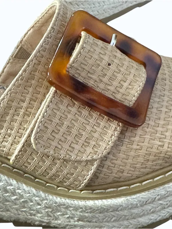 Chunky Wedge Raffia Espadrille Platform Slide Sandals With Tortoiseshell Buckle - Image 5