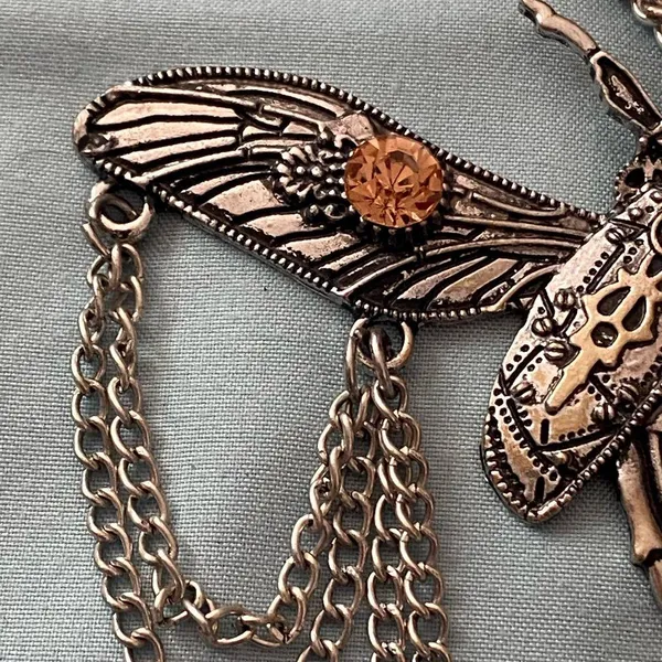 22” Necklace Silver Tone Beetle Pendant 4.5”W Stones Steampunk Goth Gothic - Image 5