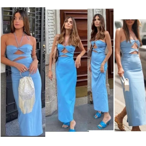 Zara Blogger Favorite Blue Cut-out Halter Top Bodycon Midi Dress Sz L - Image 4