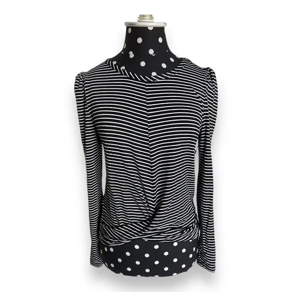 Haute Monde Womens Knit Top Sz S Black White Striped Crossover‎ Bottom NEW - Image 3