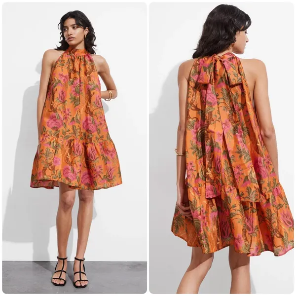 & Other Stories Womens Linen Blend Floral Bow Detail Tiered Trapeze Mini Dress 8 - Image 2