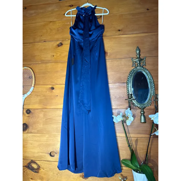 NWT Lulus Regal Loveliness Blue Satin Pleated Mock Neck Maxi Dress Bridesmaid S - Image 5