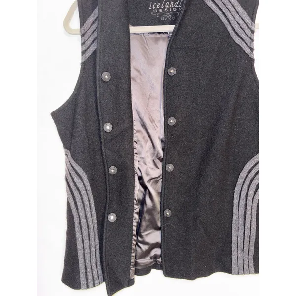 Icelandic Design Black Boiled Wool Vest‎ Grey Corded Embroidery Petite L vintage - Image 5