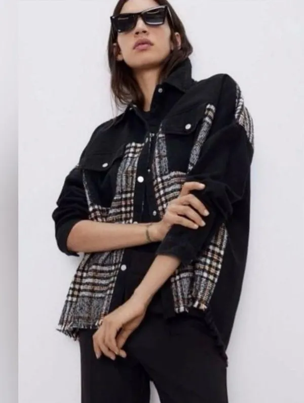 ZARA Contrast Black Denim & Tweed Plaid Mix Snaps Outer Jacket Shaket Size Large - Image 5