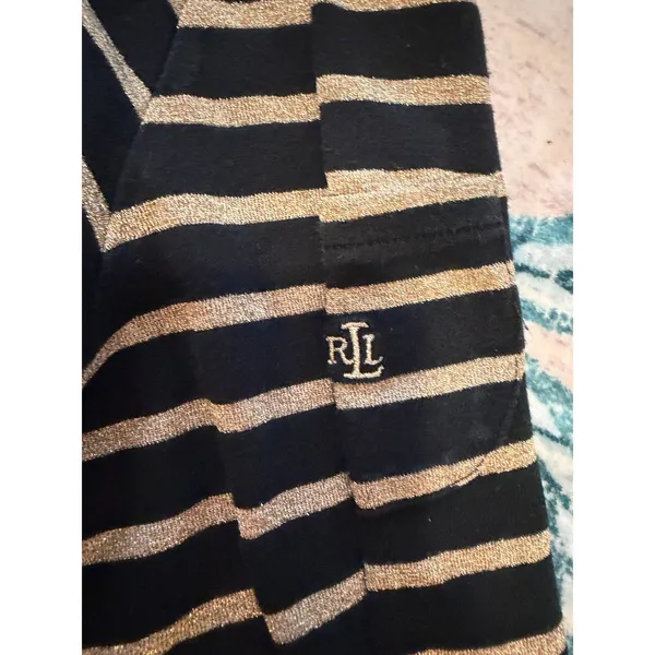 Lauren Ralph Lauren Black Gold Metallic Striped Long Sleeve‎ Pocket Top LRL - Image 2