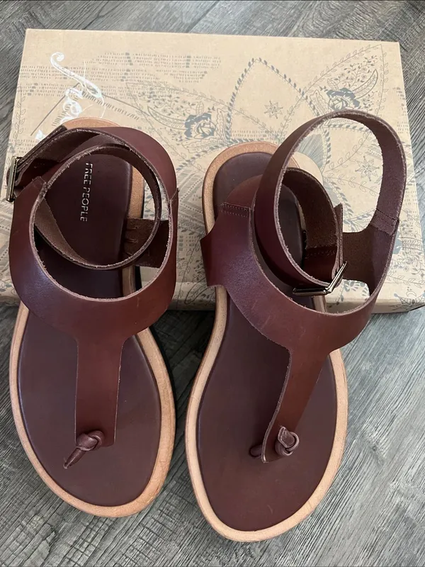 Free People Evie Wrap Coconut Shell Brown Leather T-Strap Sandals - Image 3
