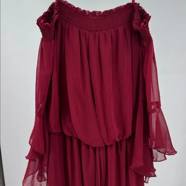 City Triangles burgundy sheer Maxi Dress S flowy bell sleeves boho off shoulder - Image 7