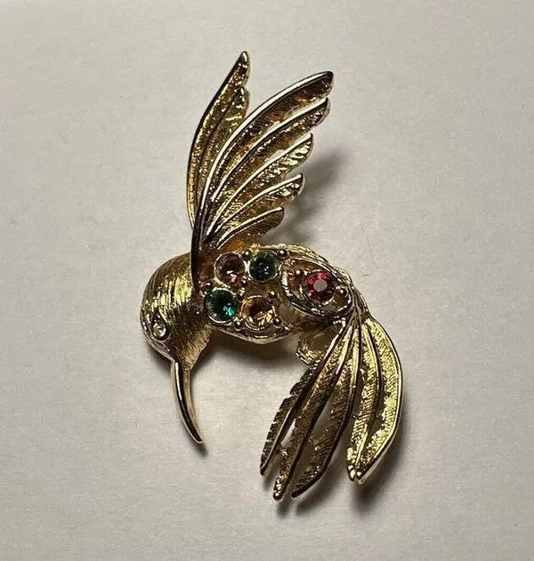 Napier Hummingbird Bird Multi Color Rhinestone Gold Tone Brooch Pin Signed - Image 2
