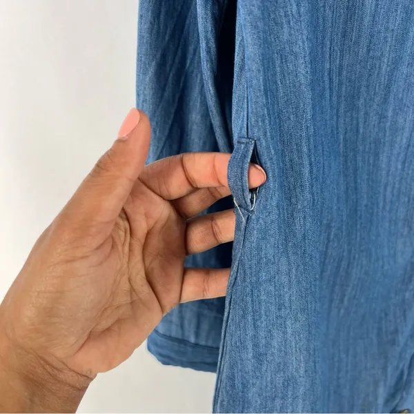 Umgee Blue Chambray Denim Button Front Shirt Dress‎ Long Roll Tab Sleeve Casual - Image 5