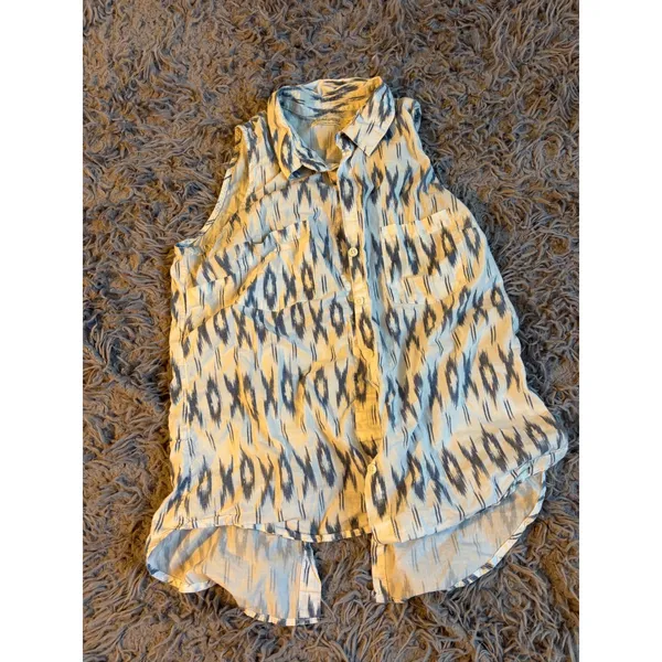 Faded Glory Womens Small Blue White Ikat Sleeveless Button Down Shirt Split Back - Image 5