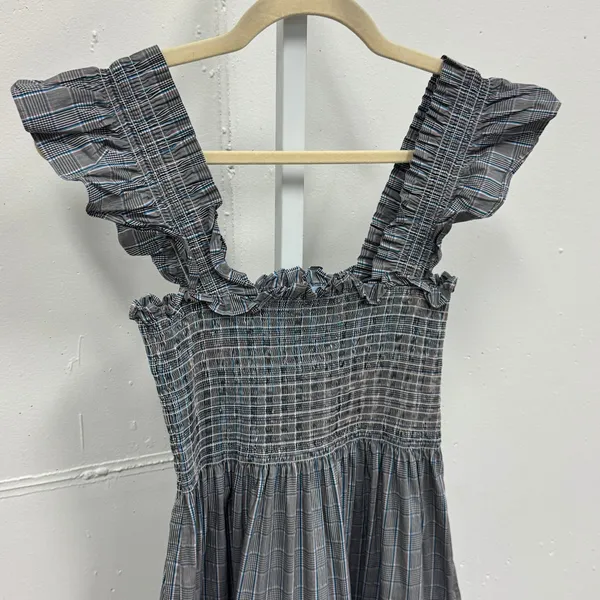 Hill House Ellie‎ Nap Dress XS Grey Blue Plaid Smocked Ruffle Midi Dress Picnic - Image 5