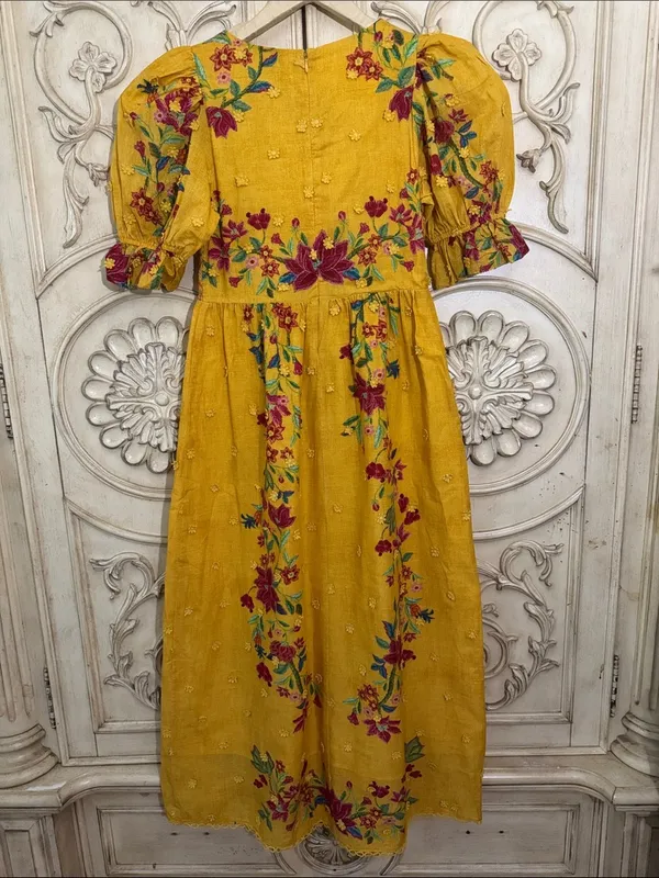 Farm Rio Boho Floral Dream Yellow Smocked Midi Dress - Sz Small - Image 11