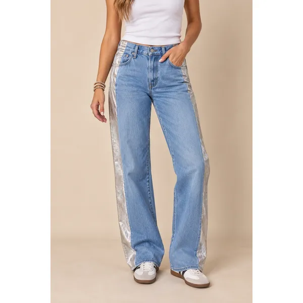 Levi's Womens Jeans 25 Blue Silver Cinch Baggy Metallic Side Stripe High Rise - Image 2
