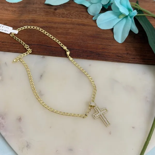 14K Gold Plated XP Unisex Chain Necklace Cross‎ Pendant 18in Curb Link - Image 2