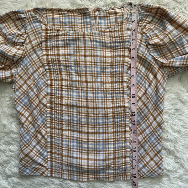 Free People Top Button Back Puff Sleeve Plaid Tan Blue S - Image 9
