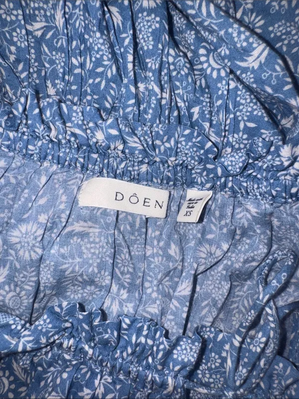 NEW DÔEN Ditsy Floral Organic Cotton Smocked Midi Blue Garden Bloom Dress sz XS - Image 8