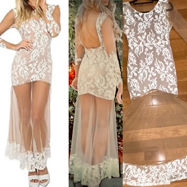 Love Triangle PURE GLAMOUR Nude&White Lace backless Formal maxi Dress-Size Small - Image 6