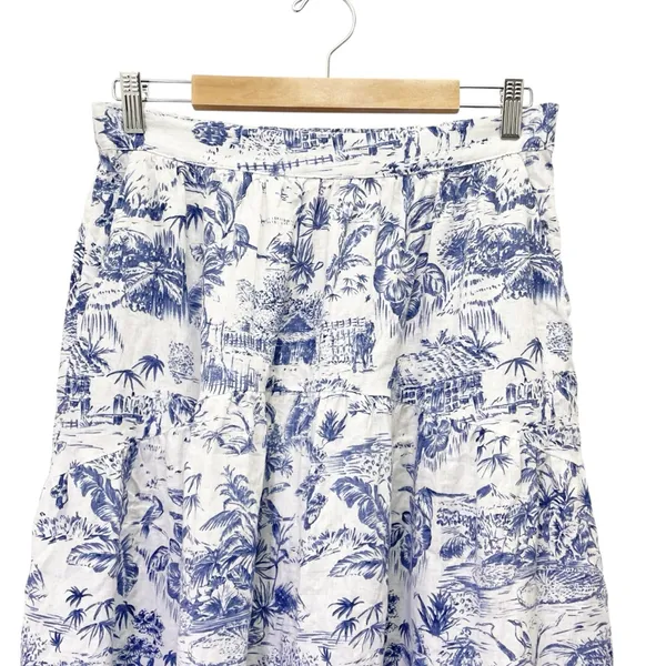 Joie 100% Linen Blue White Tropical Toile Midi Skirt Elastic Waist Size Large - Image 6