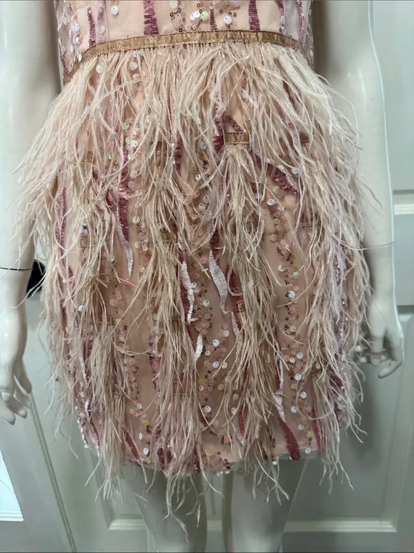 BELLA BARNETT Strapless Pink Sequin & Feather Cocktail Dress Size Small - Image 9