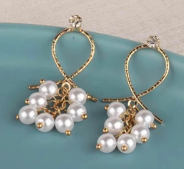 White Pearl Dangle Drop Earrings for Women Gold - Image 3