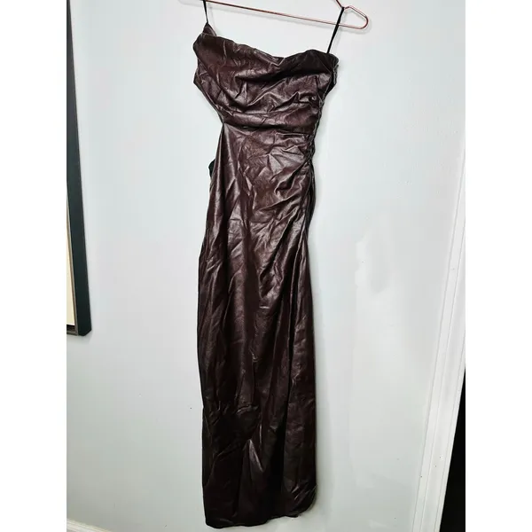 ALC Frank Brown Faux Leather Sleeveless Strapless Ruched Side Cutout Andie Dress 8 - Image 5
