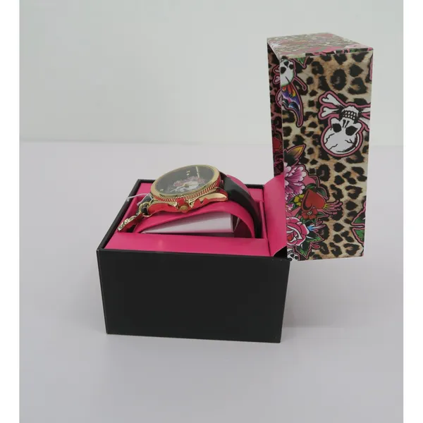 Ed Hardy Women Watch Gold Tone Skull Roses Black Strap Tattoo Art New In‎ Box - Image 5