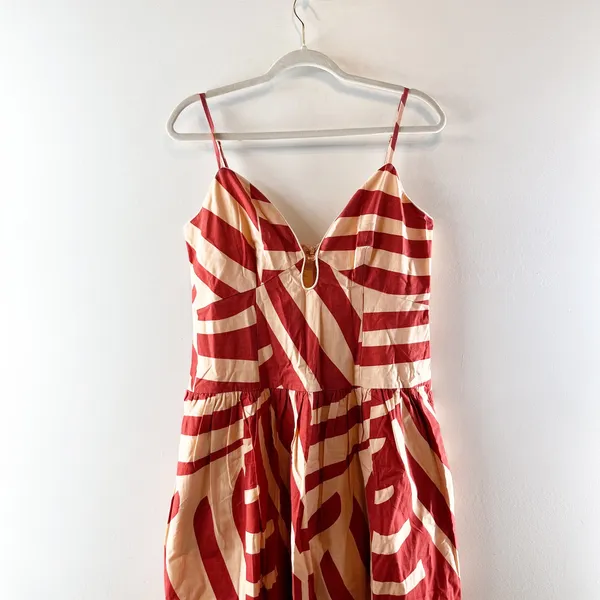 Mon Renn Geometric Cotton Drop Waist Midi Dress Maroon Red Medium - Image 3