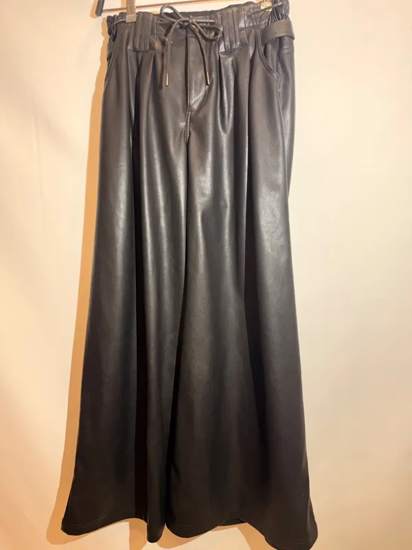 Free People Julien Black High Rise Wide Leg Vegan Leather Pants Drawstring XS - Image 2