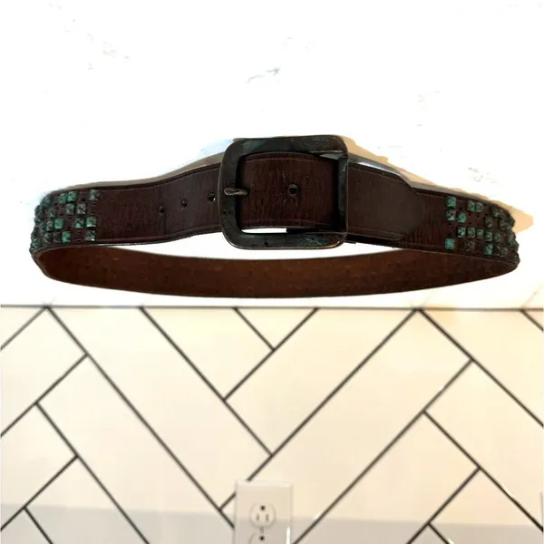 Vintage Brown leather metal turquoise patina studded belt size 34-38” western - Image 2