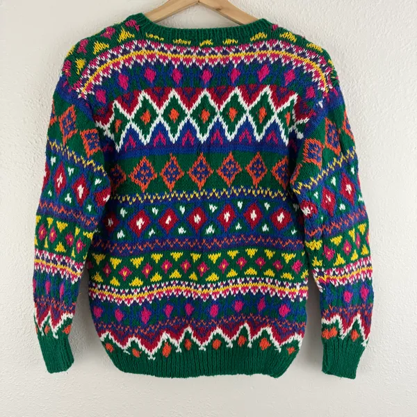 Vintage 90’s Coogi Vibes Multicolor Pattern Stripe Hand Knit Grandpa Sweater - Image 5