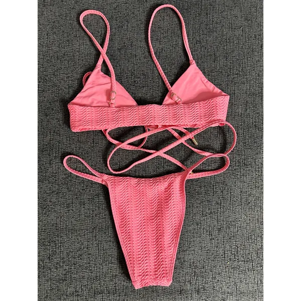Monday Swimwear St.martin Bikini Top Bottom Set Textured in Azalea Pink size P/S - Image 5