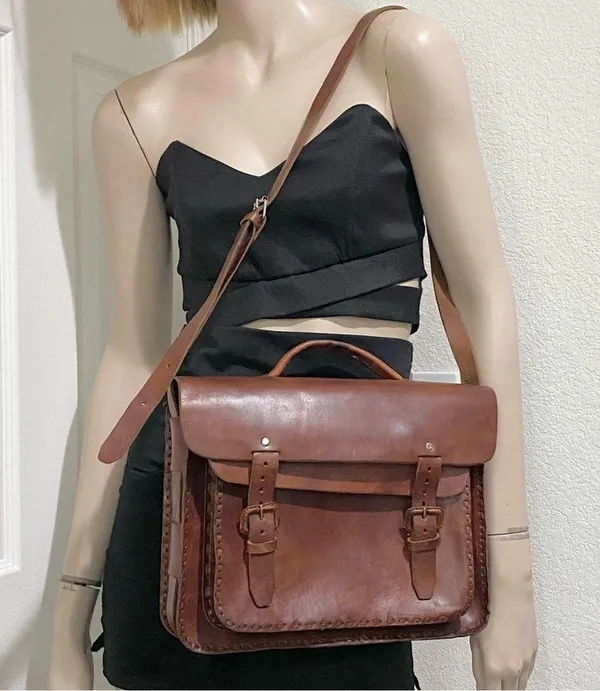 Vintage Handmade Brown Leather Brooklyn Style Briefcase Messenger Satchel Bag - Image 2