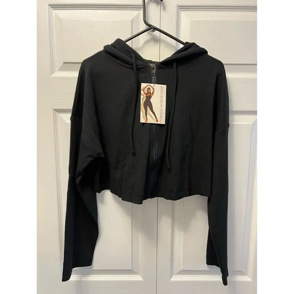 Naked Wardrobe Size 1X Hoodie Womens‎ Black Cropped Zip Up Solid NWT - Image 2