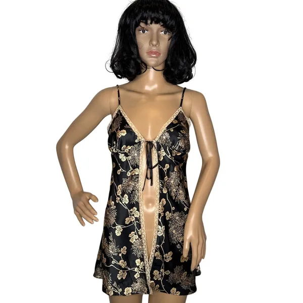 Victoria’s Secret Black Gold Floral Satin Open-Front lace trimTop Slip dress Sp - Image 2