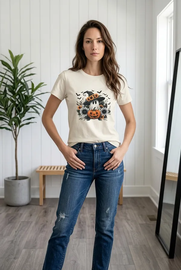 Gildan Halloween Ghost Pumpkin Sunflower 100% White Cotton T-Shirt Size XL-Print to ord - Image 4