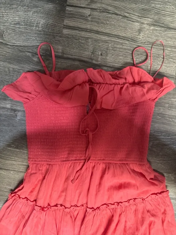 Mi ami Coral Red Off-Shoulder Tiered Midi Skirt - Image 4
