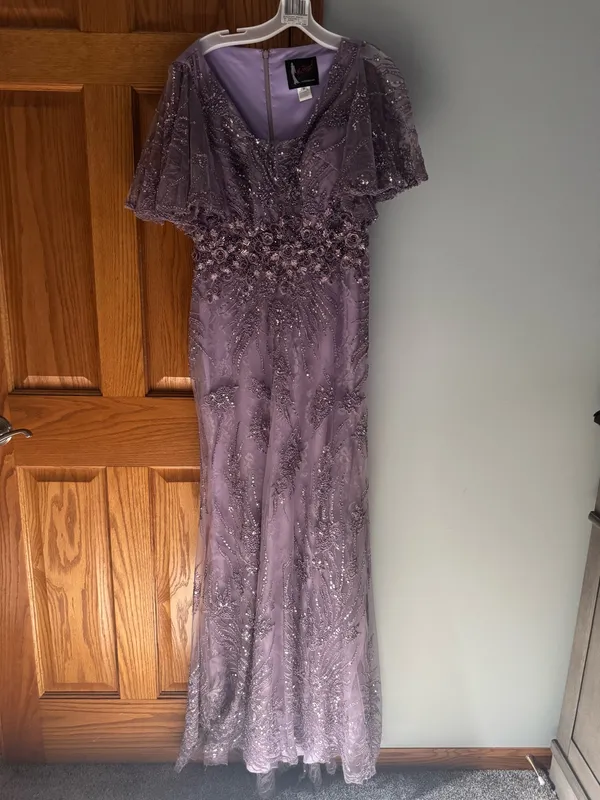 Mac Duggal Purple Embellished Flutter Sleeve Evening Gown - Image 3