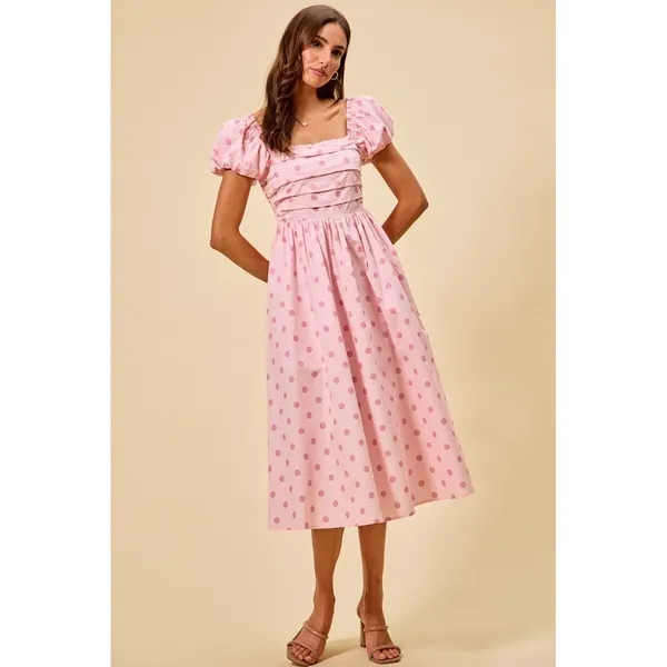 SO ME Polka Cotton Print Short Sleeves Midi Dress - Pink - Large - Image 3